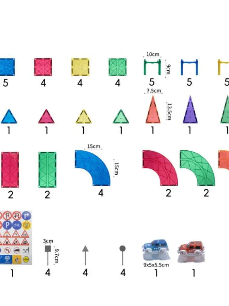 Conjunto de construção magnético - pista de carros colorida 100 peças
