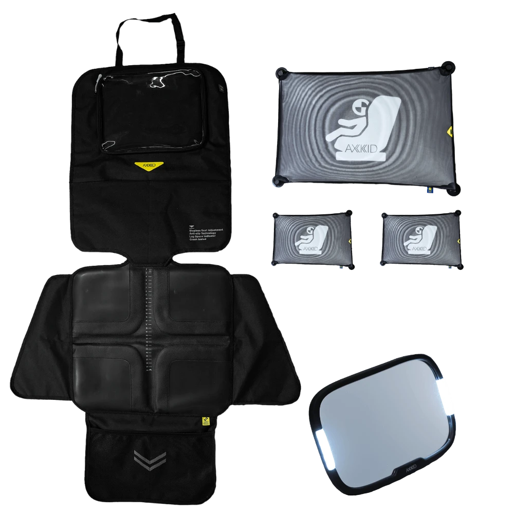 Swedish Safety Kit Premium da Axkid com protetor de banco, espelho LED e para-sóis